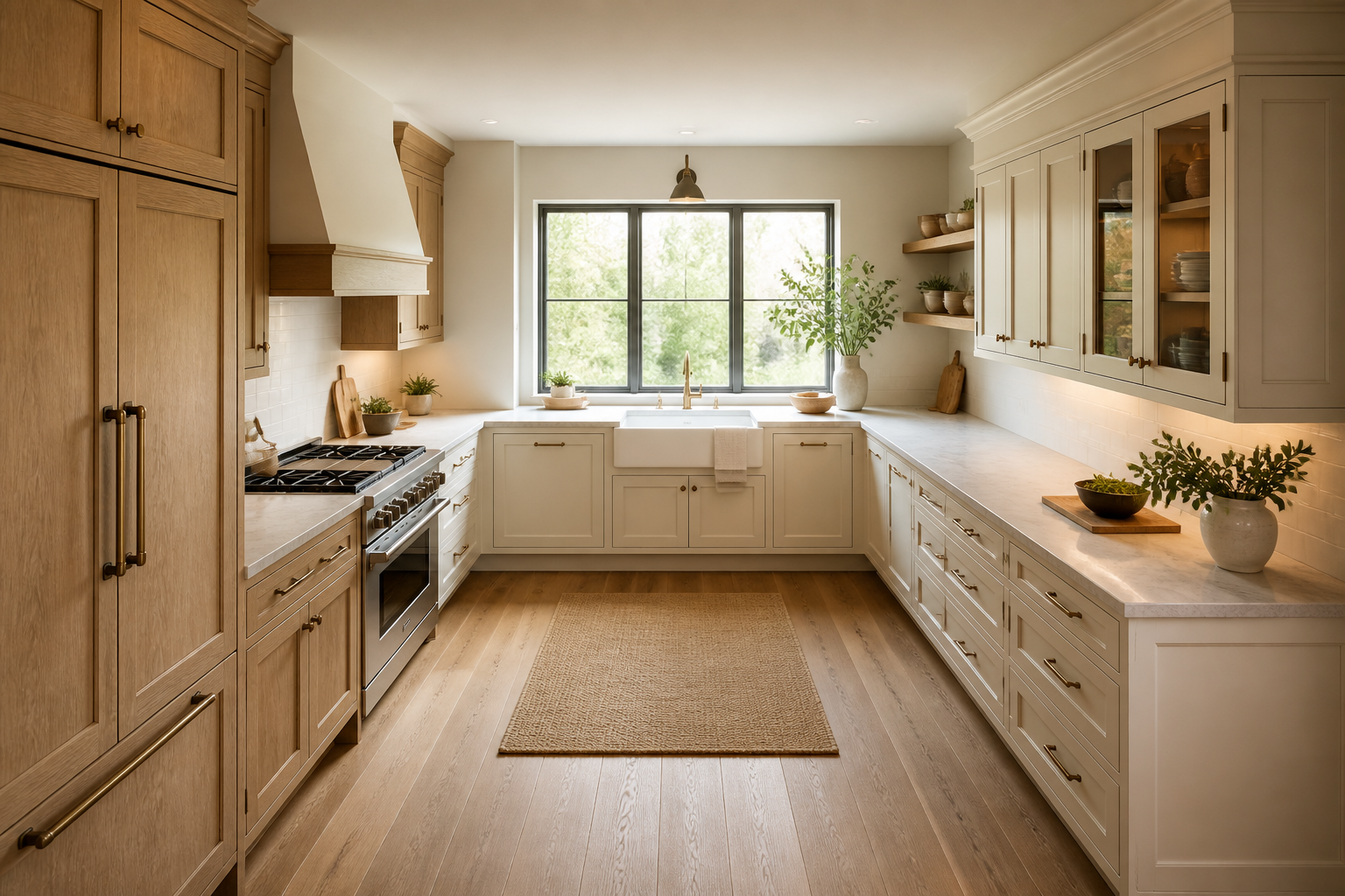 Custom cabinets arranged along three sides of a U-shaped kitchen