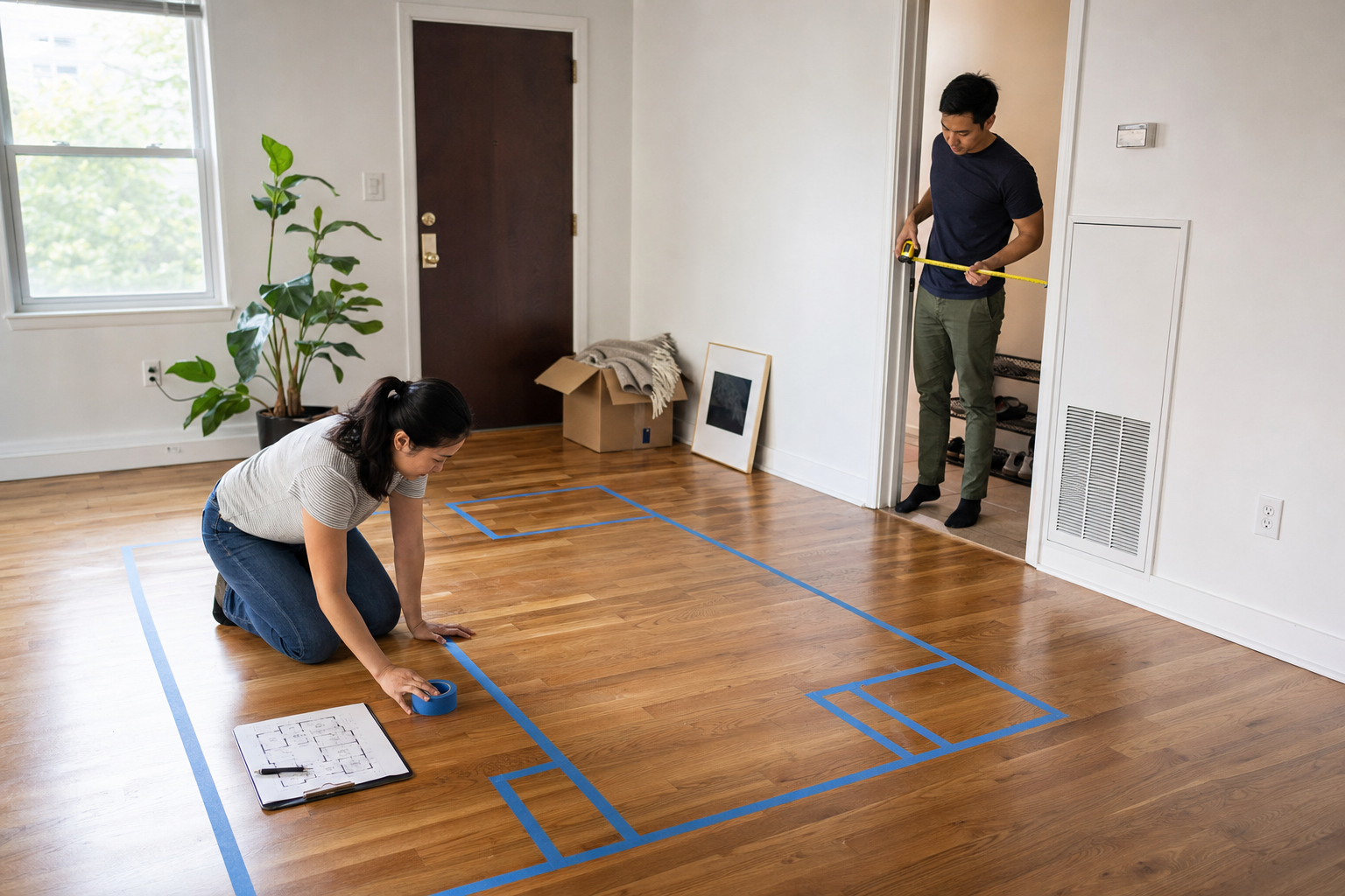 A couple using painter's tape and a tape measure to test a living room furniture layout