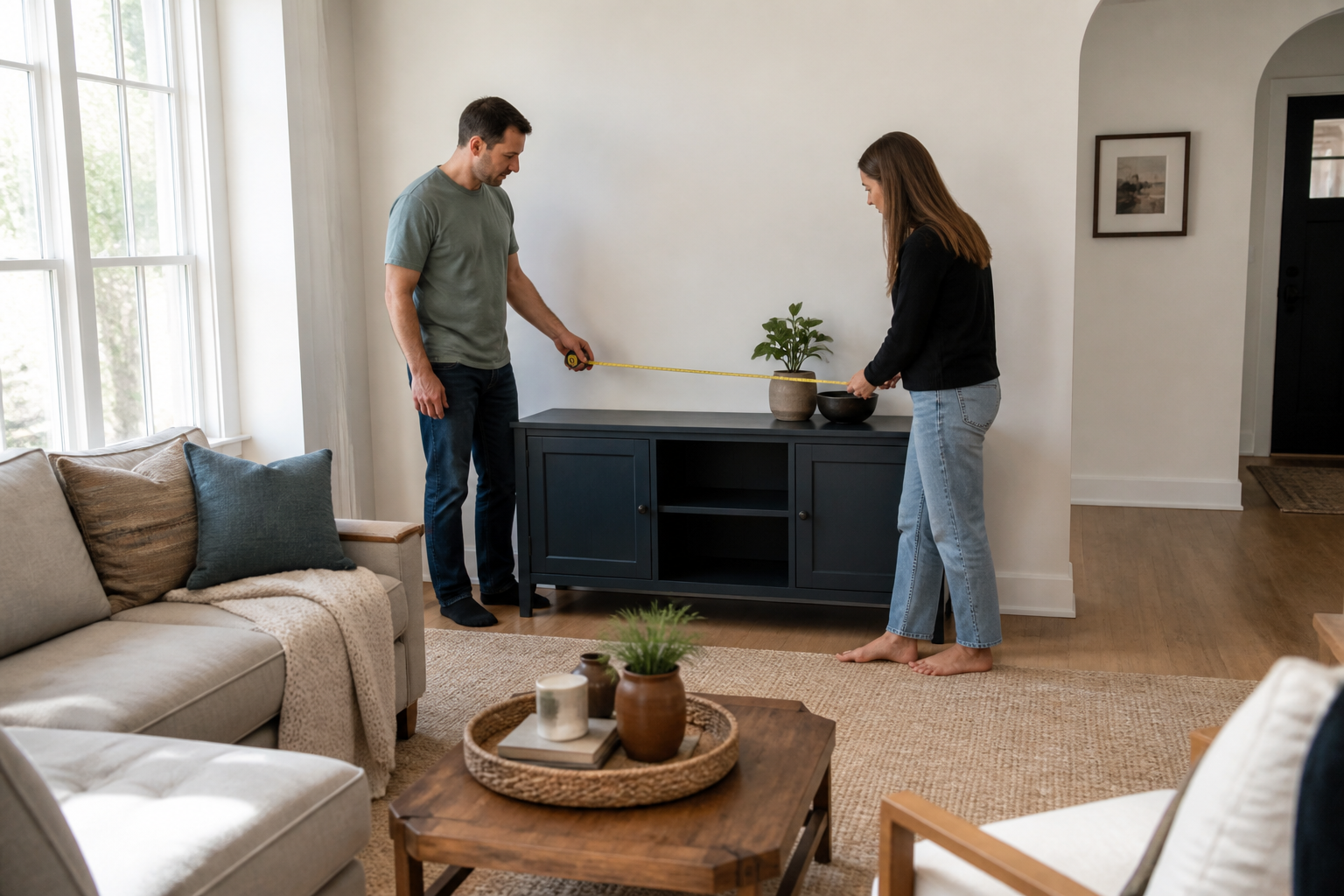 Homeowner and designer planning a low storage cabinet in an open uncluttered American living room