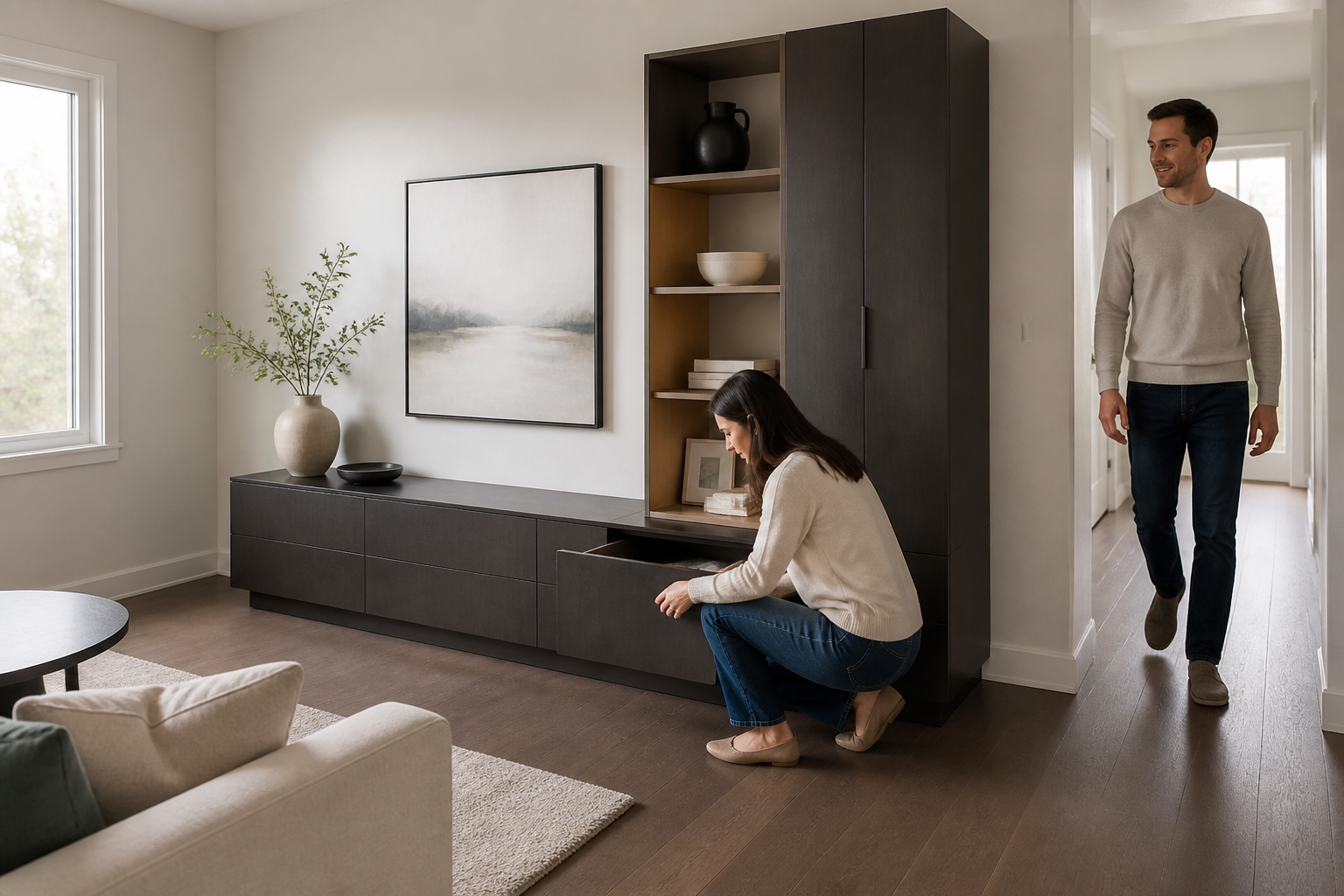 Homeowner using closed living room storage while a clear circulation path remains open