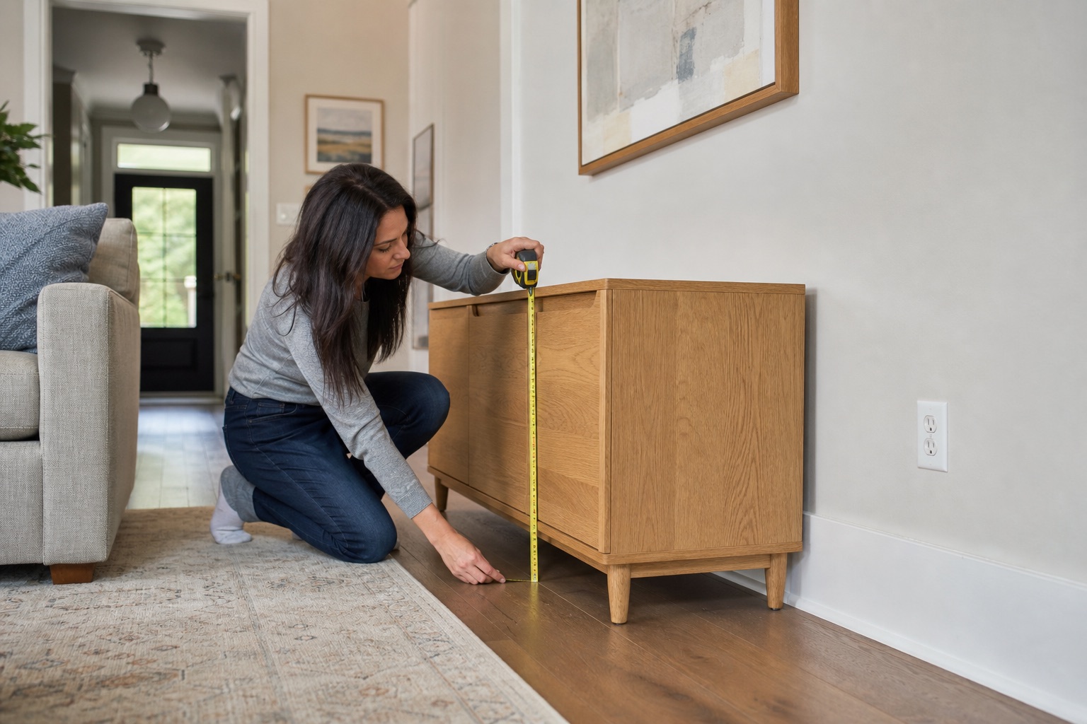 Homeowner measuring a low oak credenza near a baseboard, wall outlet, and living-room walkway