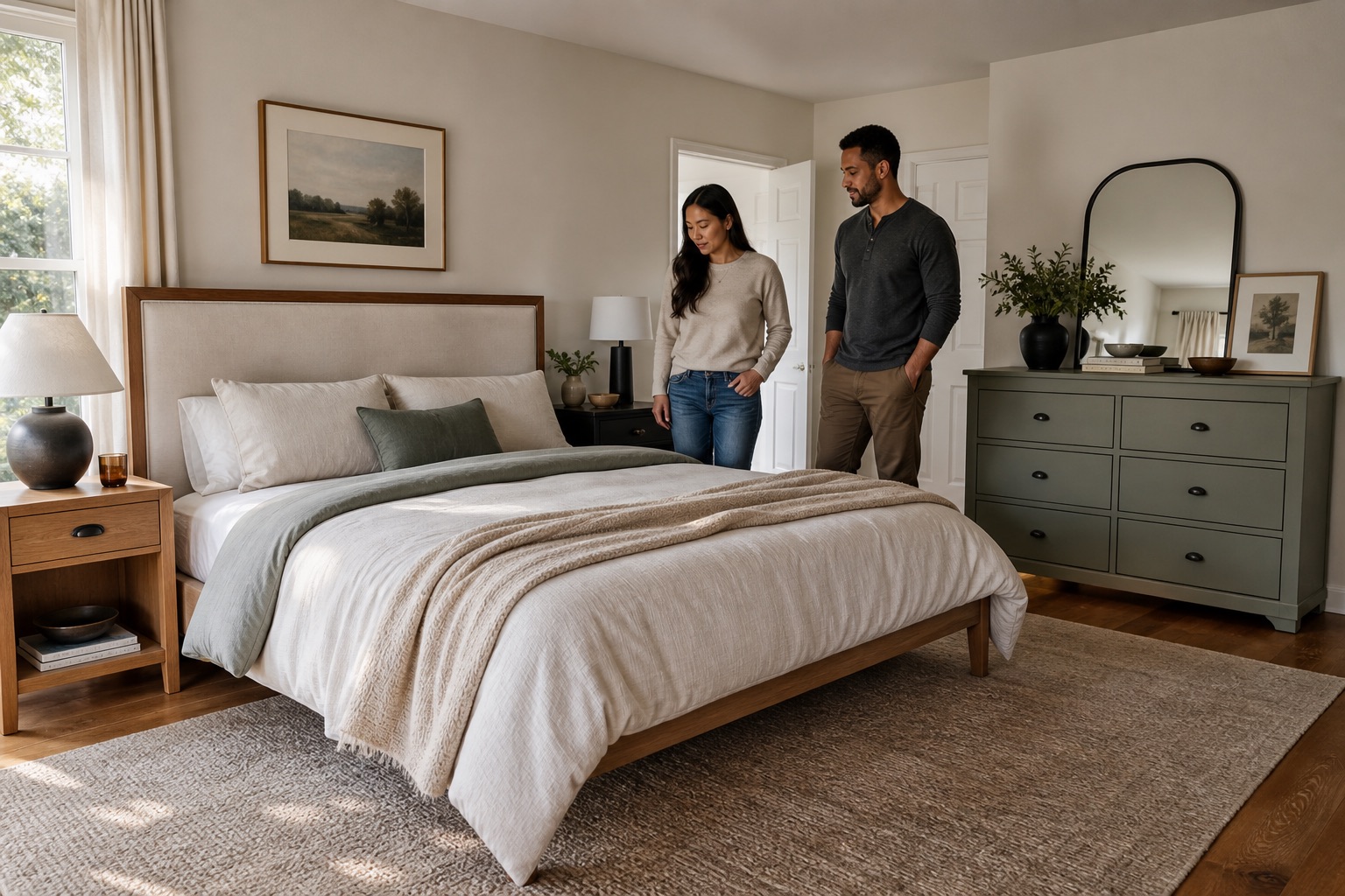 Homeowners and designer reviewing coordinated matching and mismatched bedroom furniture