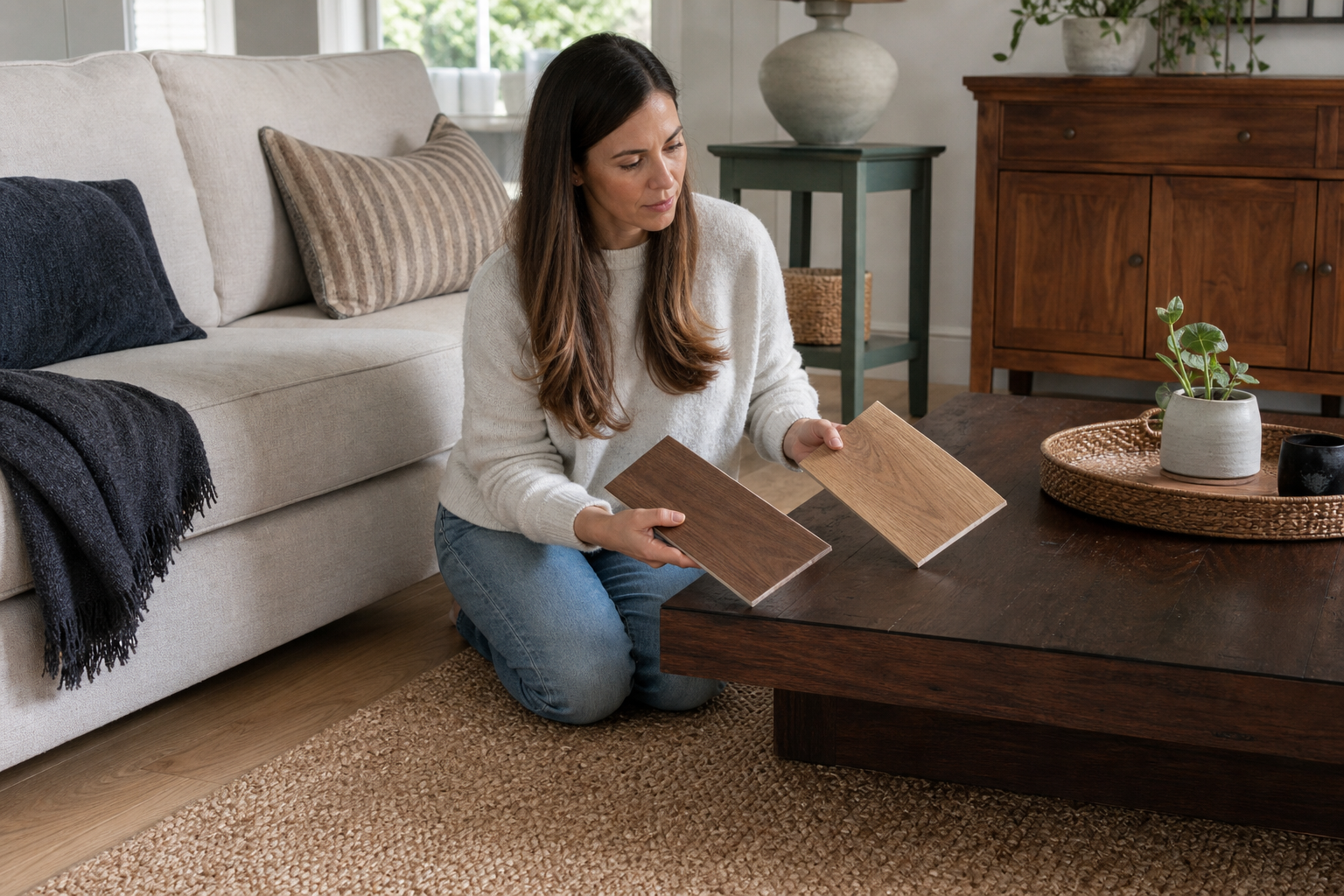 Homeowner comparing wood finish samples beside oak flooring and a darker walnut living room table