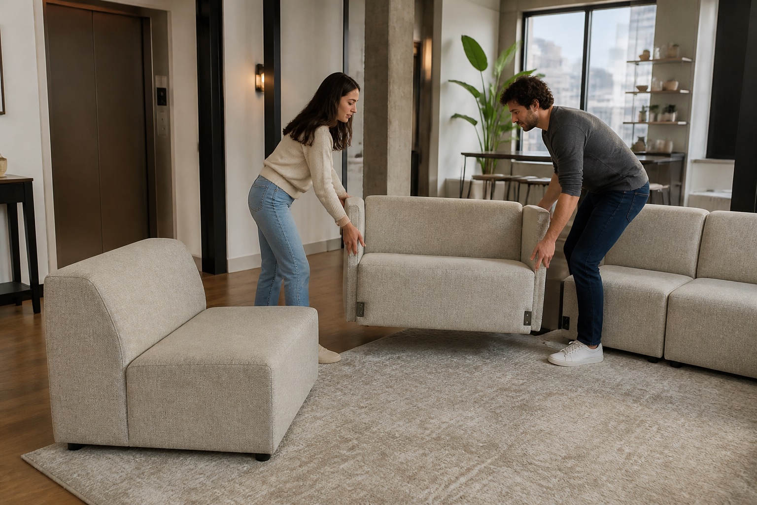 Two adults aligning separate upholstered modular sofa units in an American apartment
