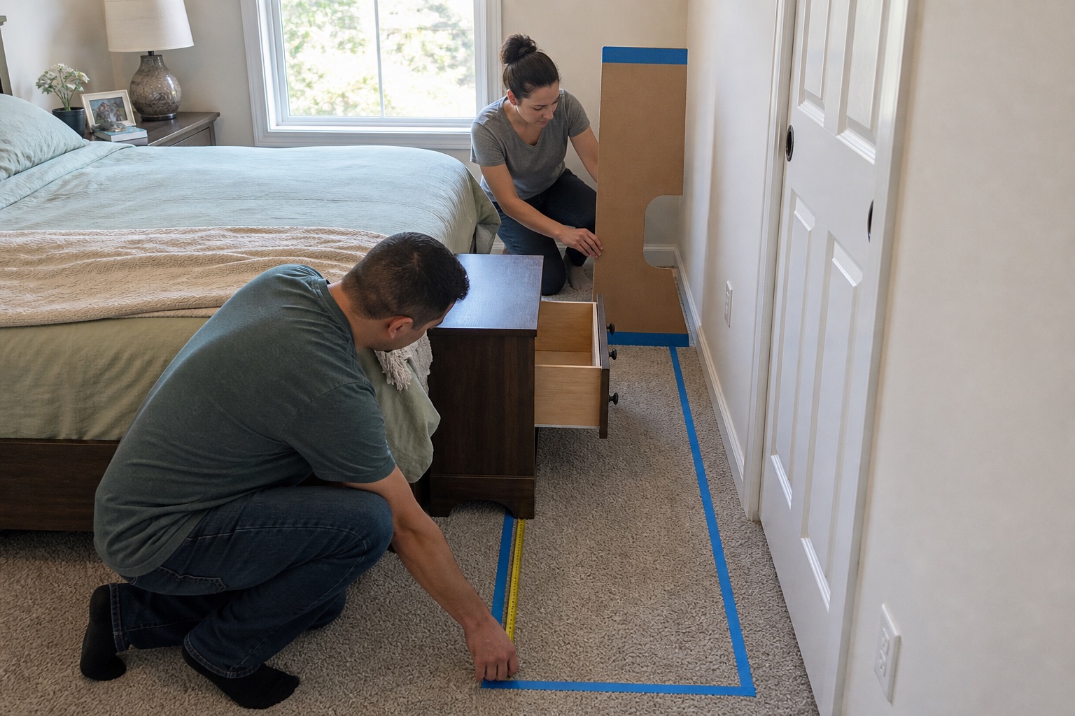 Two adults using blue tape to test nightstand and drawer clearance beside a bed