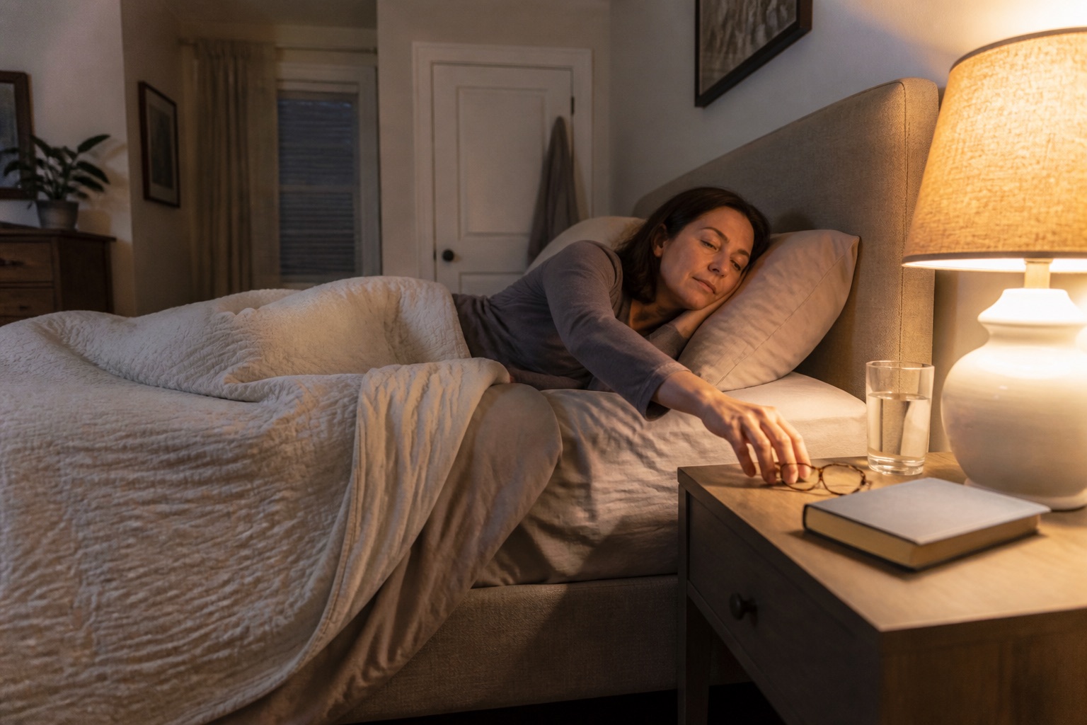 Woman reaching comfortably from bed to a nightstand near the mattress height
