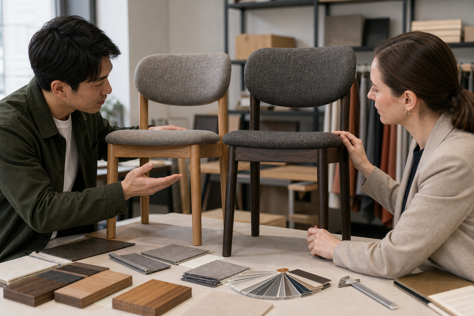 Product developer and buyer comparing upholstery and finish options on two dining chair prototypes