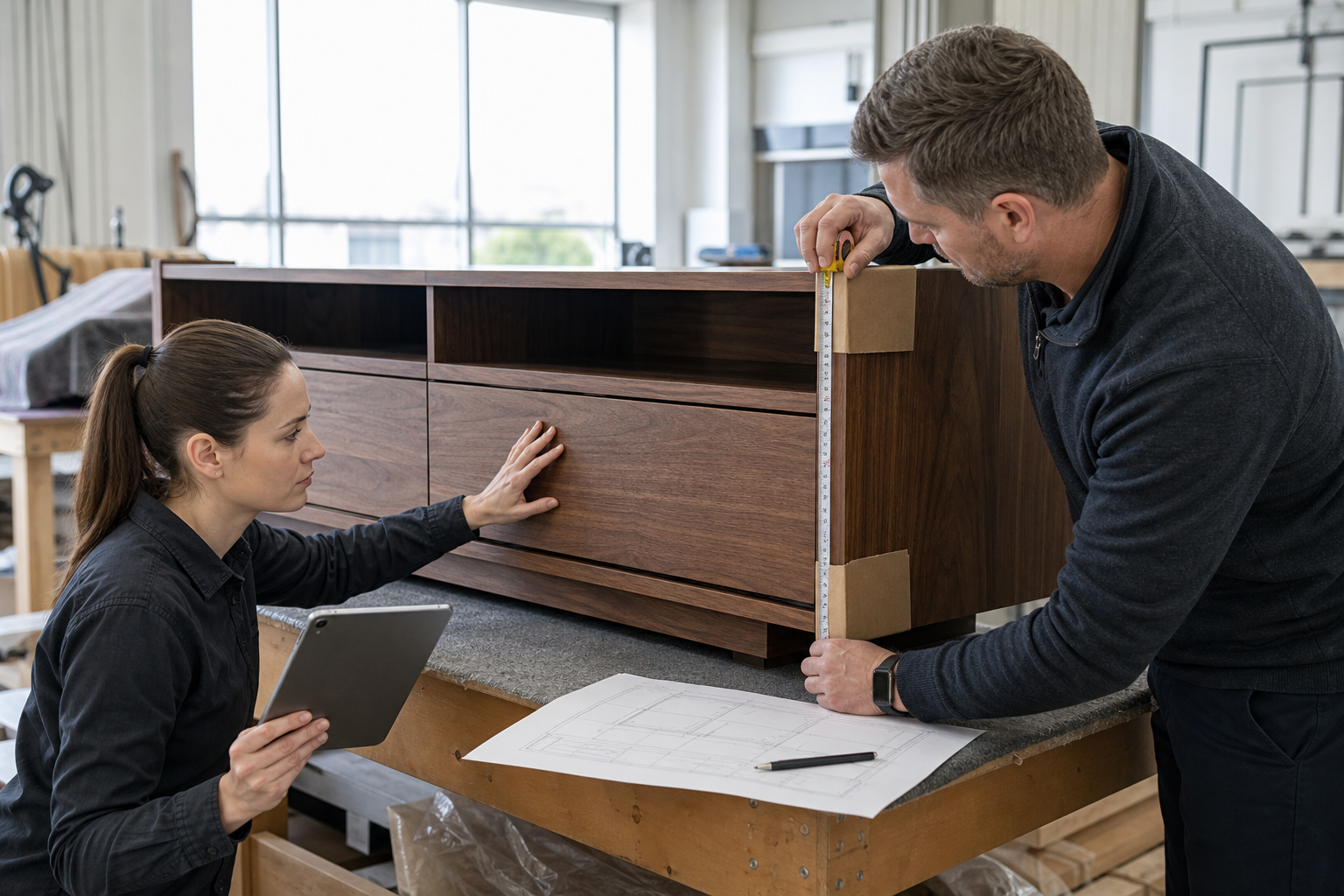 Quality inspector and project manager measuring a walnut media cabinet prototype before production