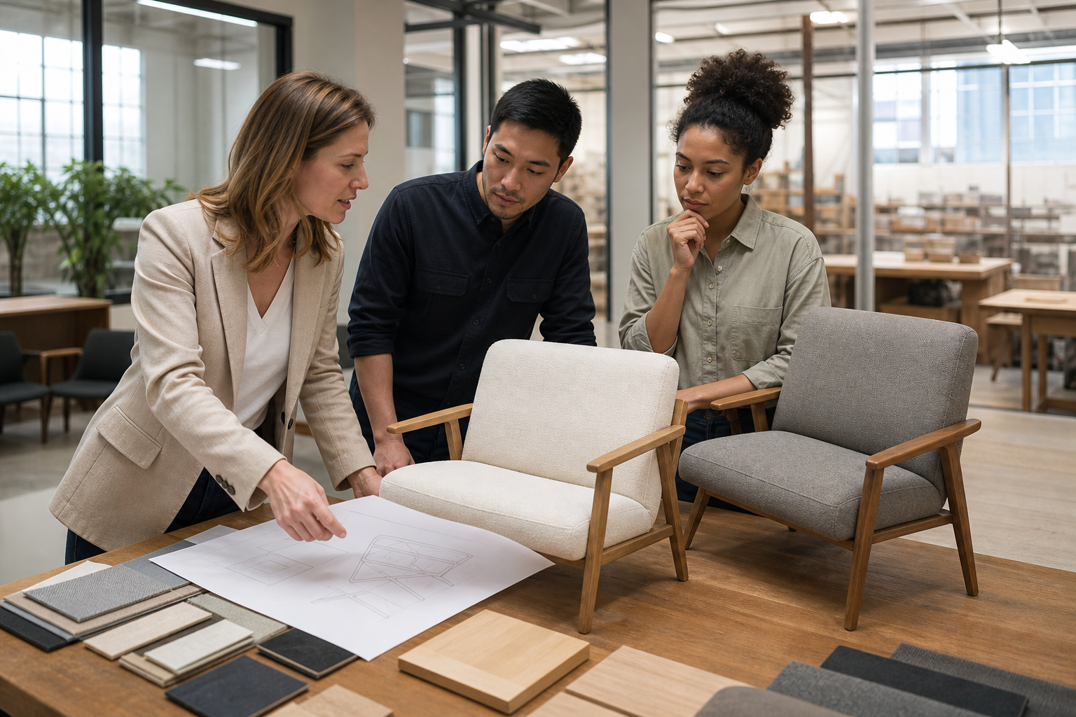 Three-person product team comparing technical drawings and two furniture prototypes in a development studio