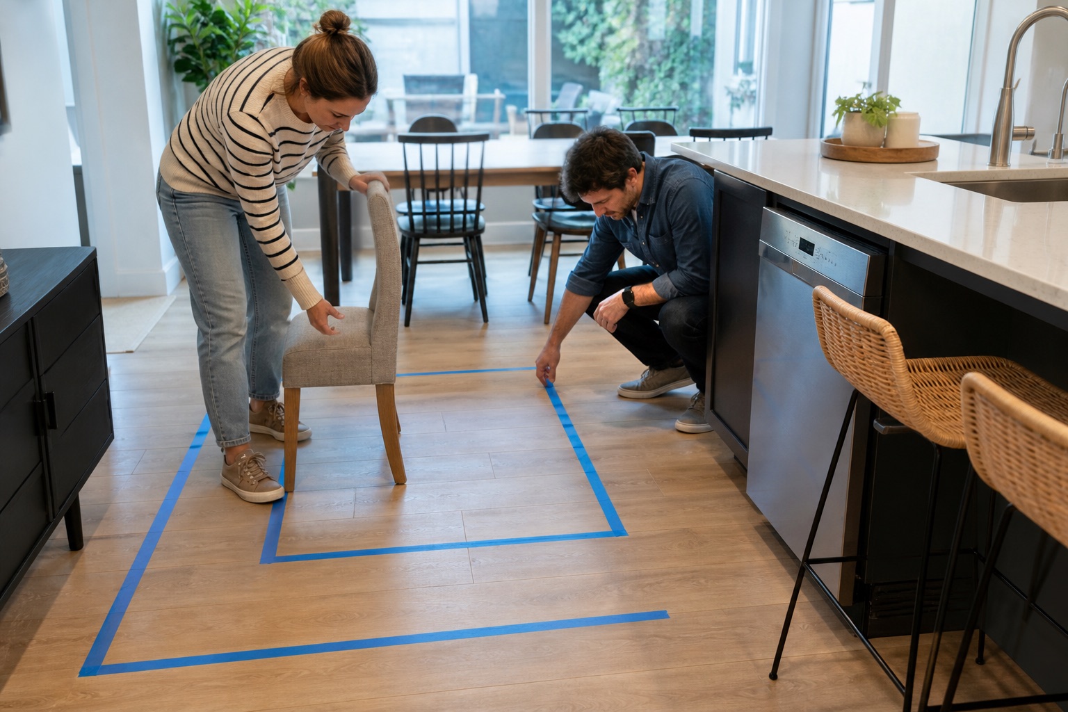 Two adults using painter tape and a dining chair to test clearance beside a kitchen island