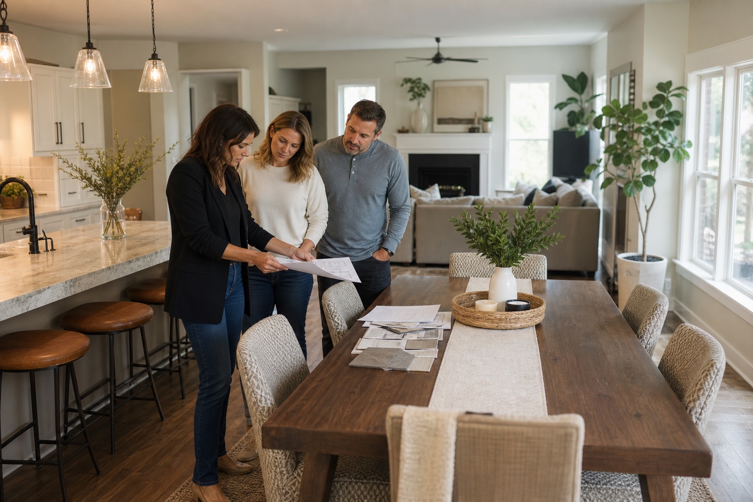 Homeowner couple and interior designer reviewing dining furniture placement in an open-plan American home