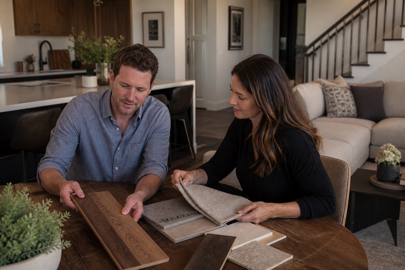 Homeowner and designer comparing wood and upholstery samples across connected kitchen dining and living zones