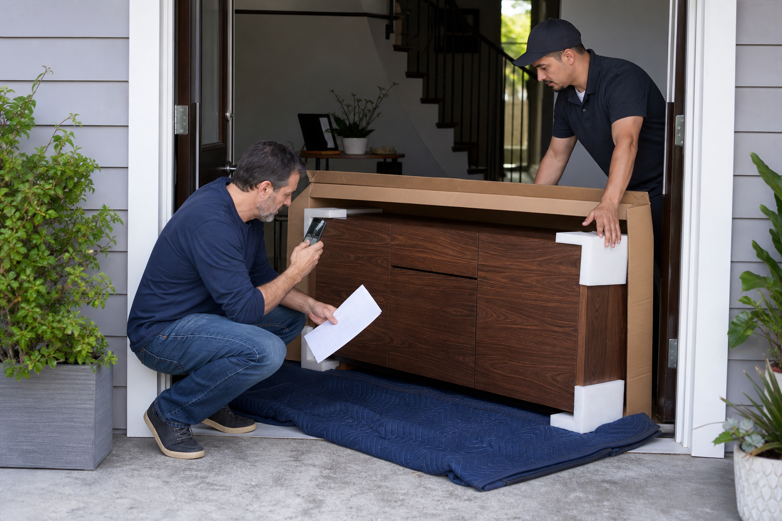 Homeowner and delivery professional inspecting a protected walnut sideboard at an American home entry