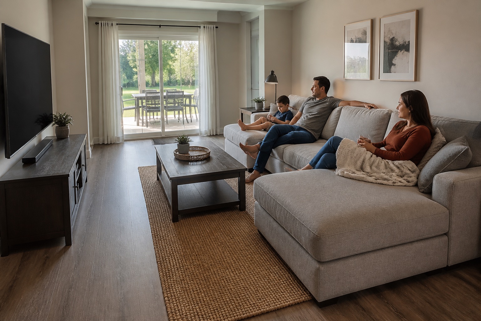 Family using an L-shaped sectional while the walkway to a patio door remains clear
