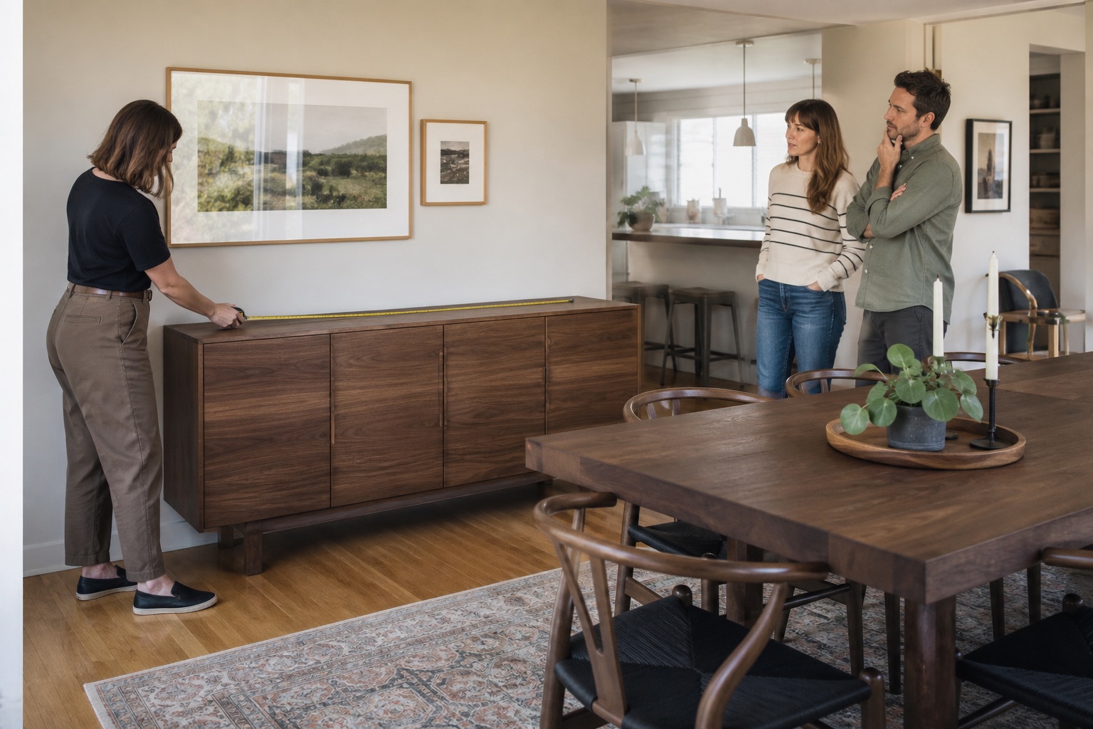Homeowner couple and interior designer measuring a walnut sideboard in an American dining room