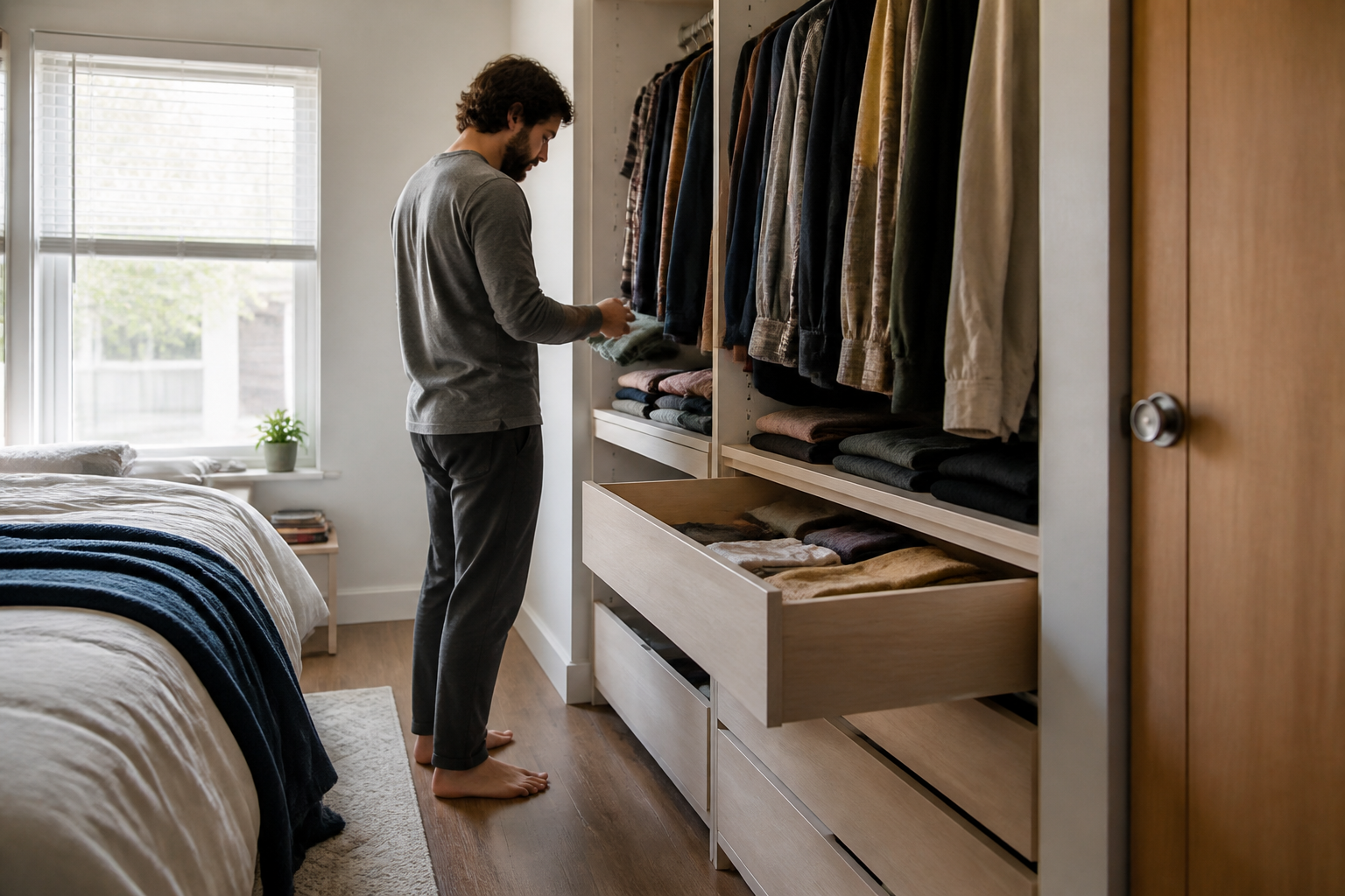 Adult using a shallow wardrobe wall while a clear path remains beside the bed in a small bedroom