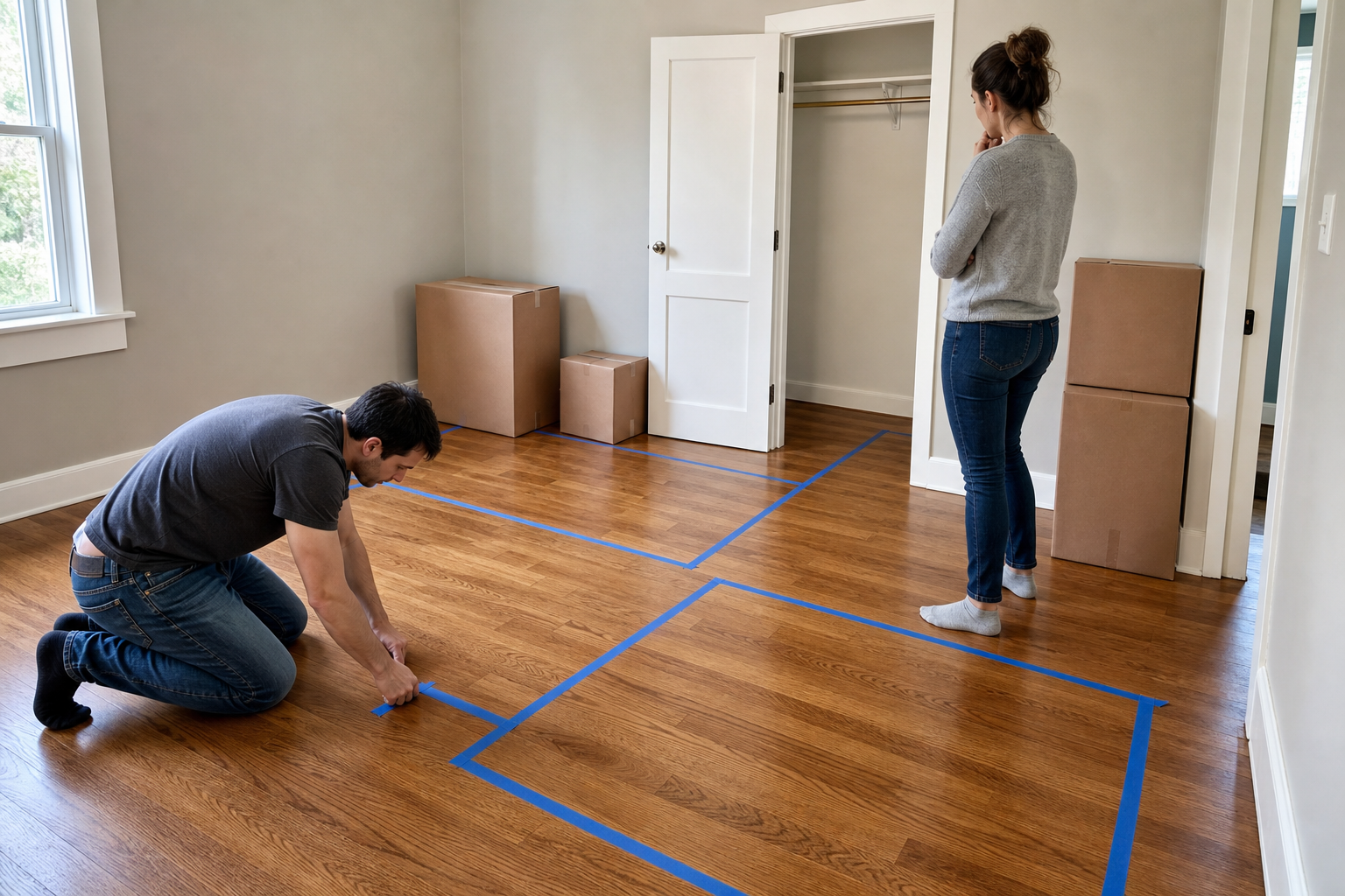 Couple comparing two furniture footprints with blue tape in an empty small bedroom
