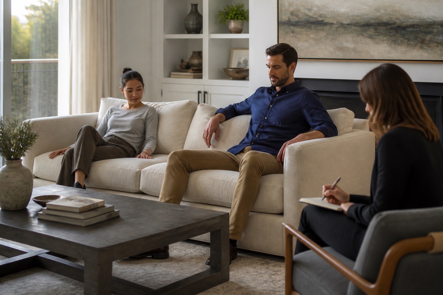 Adults comparing sofa cushion support across multiple seats