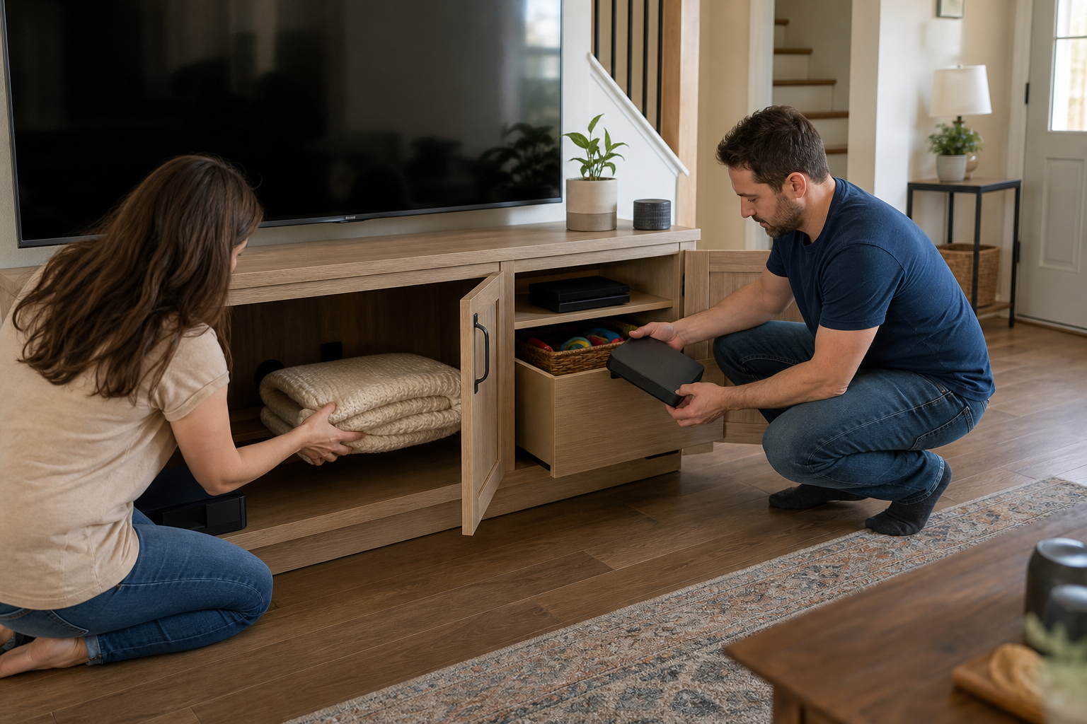 Two adults testing cabinet capacity with blankets games electronics and toys before ordering living room storage