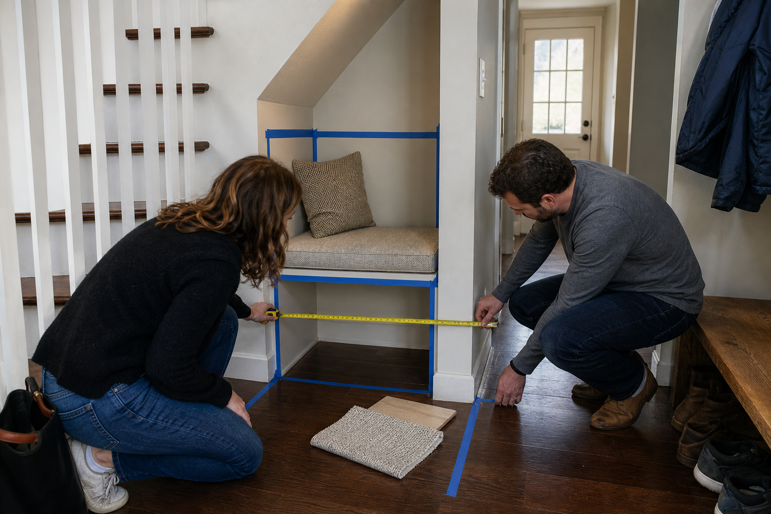 A homeowner and designer measuring an under-stair alcove for fitted storage