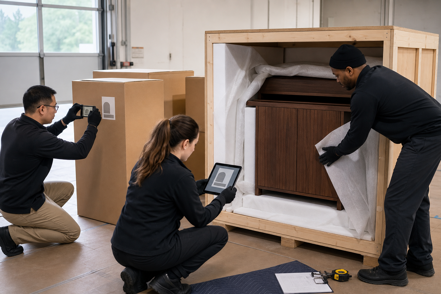 Receiving team documenting packaging condition while unpacking an imported walnut cabinet