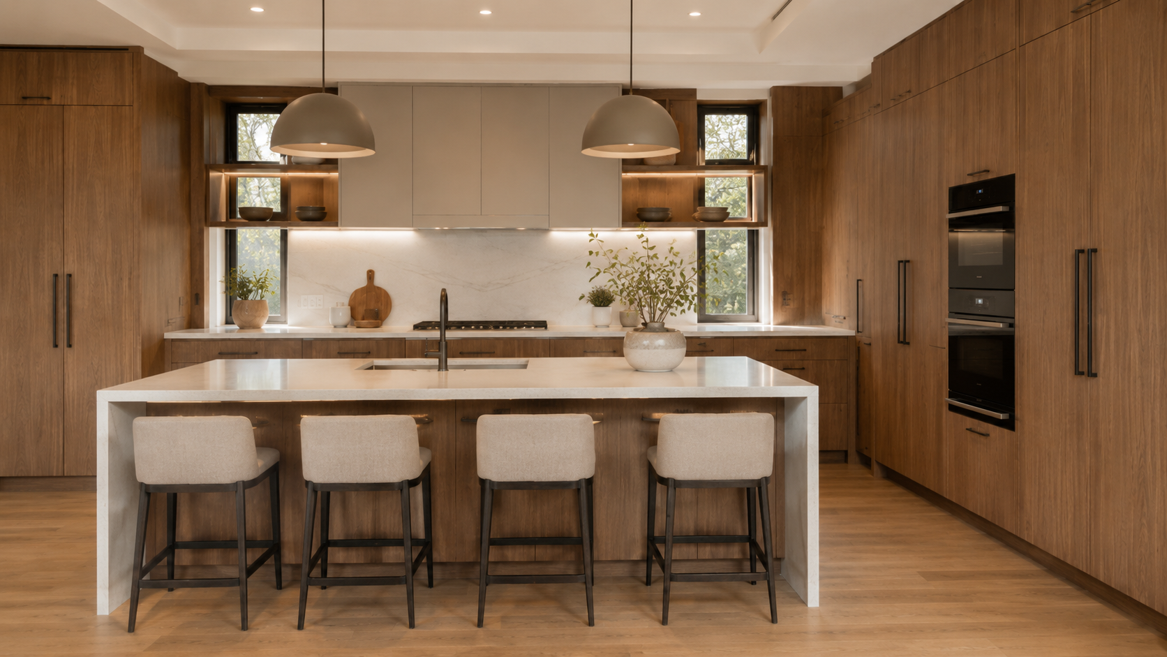 Wall cabinets and illuminated open shelves above a kitchen worktop
