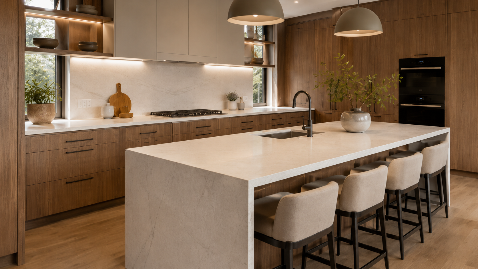 Lower drawer and door base cabinets beneath a stone countertop