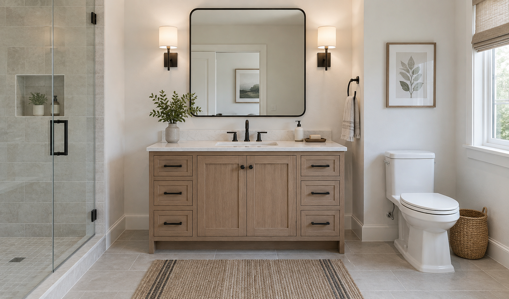 Double-sink bathroom vanity showing cabinet width, counter space, and mirror alignment