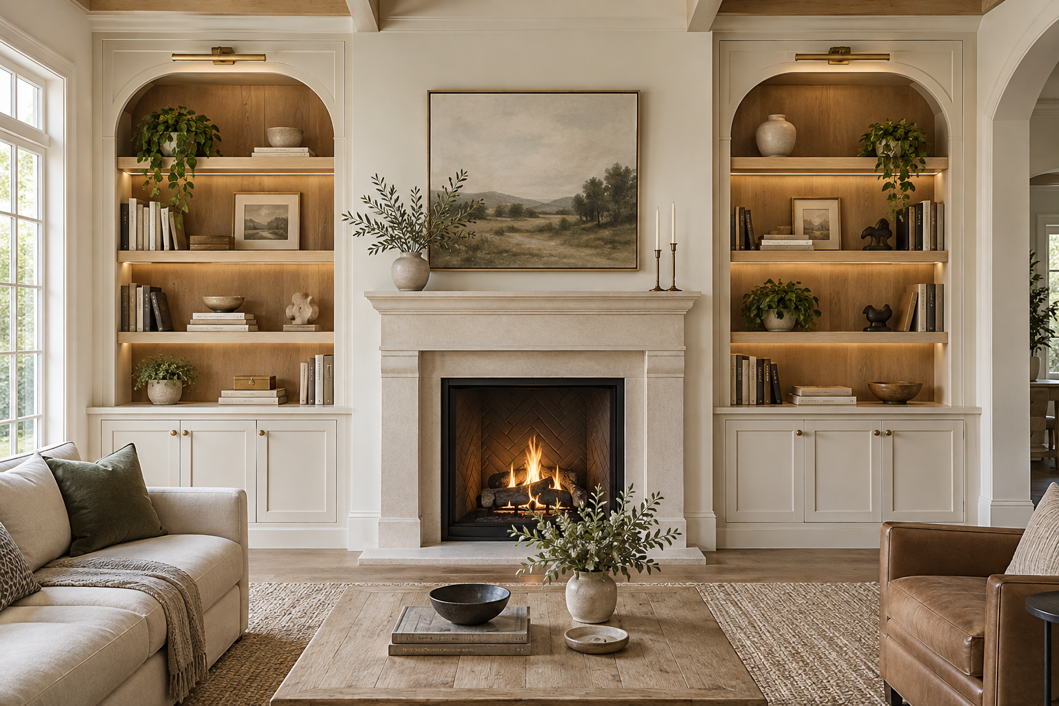 Symmetrical built-in bookcases arranged around a residential fireplace