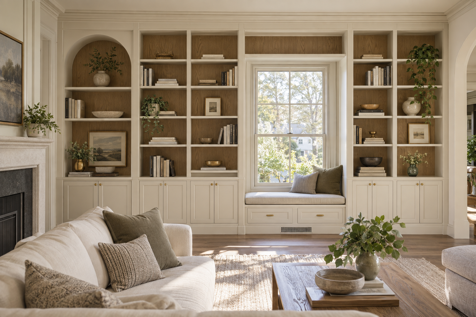 Built-in wall bookcases fitted around a window and architectural details
