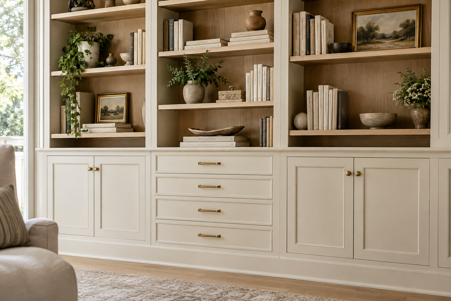 Bookcase with open upper shelves, lower cabinets, and drawers