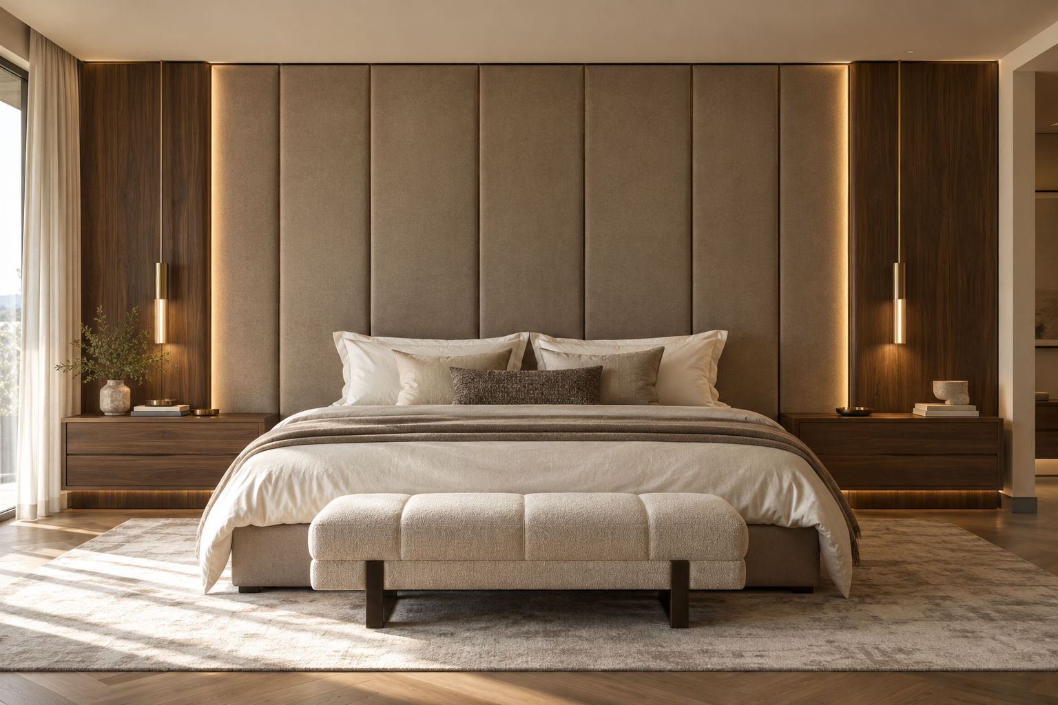 Full-wall upholstered and wood headboard extending behind both nightstands