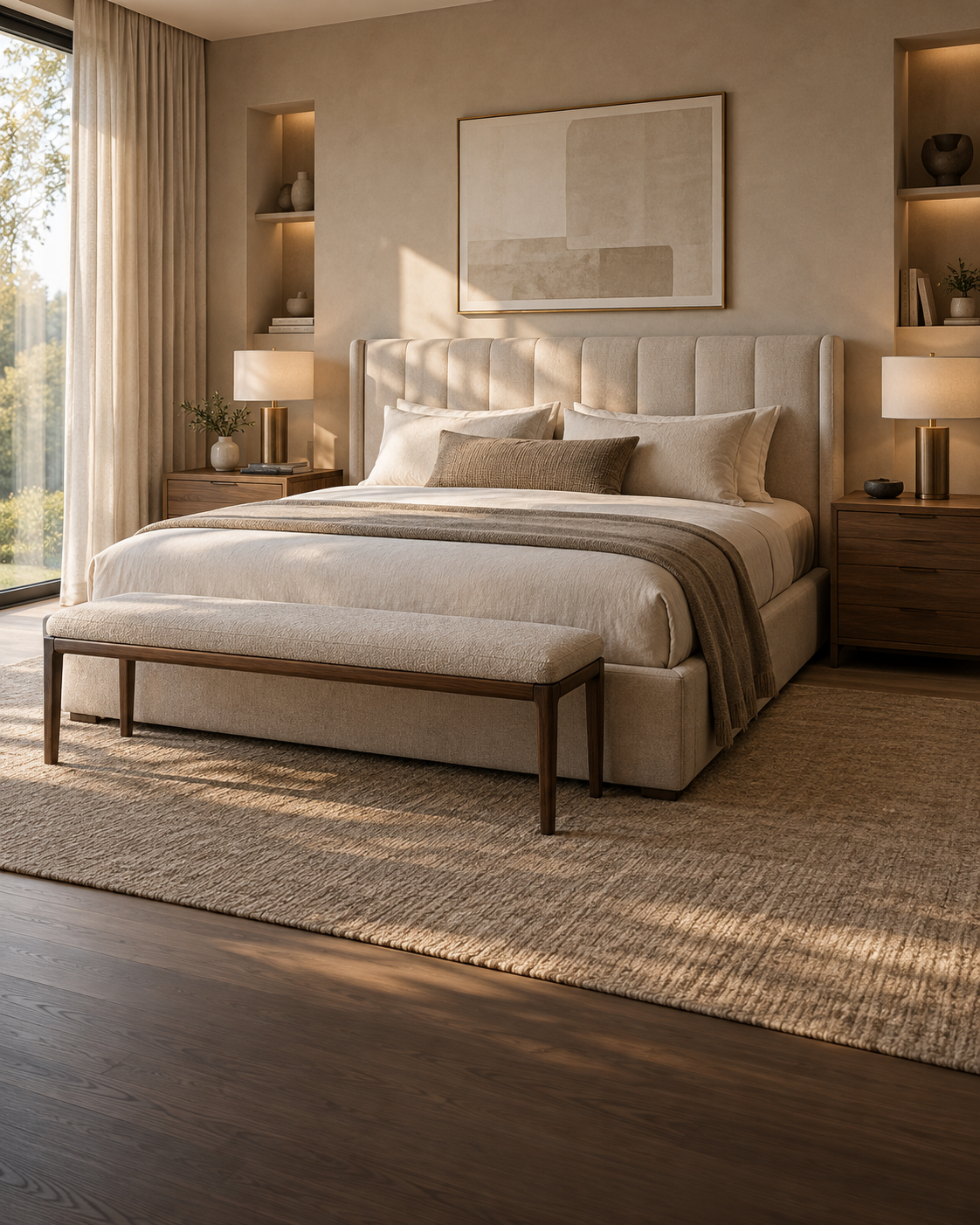 Custom bedroom furniture with upholstered bed, headboard, bedside tables, and bench