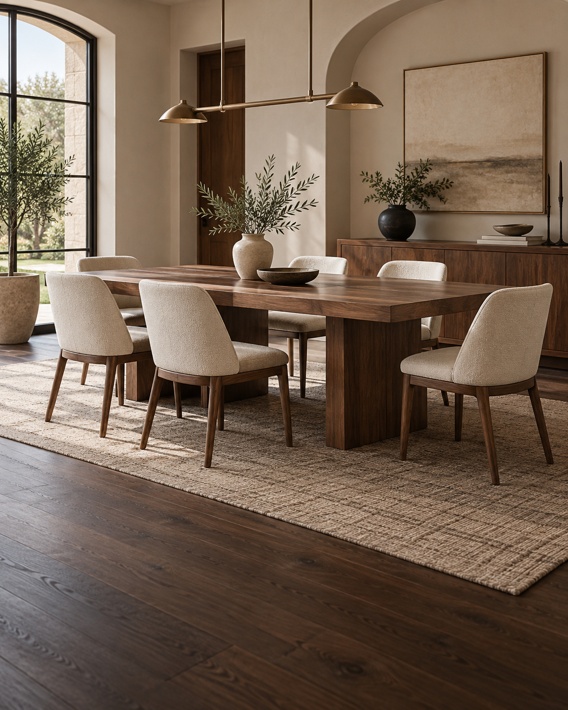 Custom dining room furniture with walnut table, upholstered chairs, and sideboard