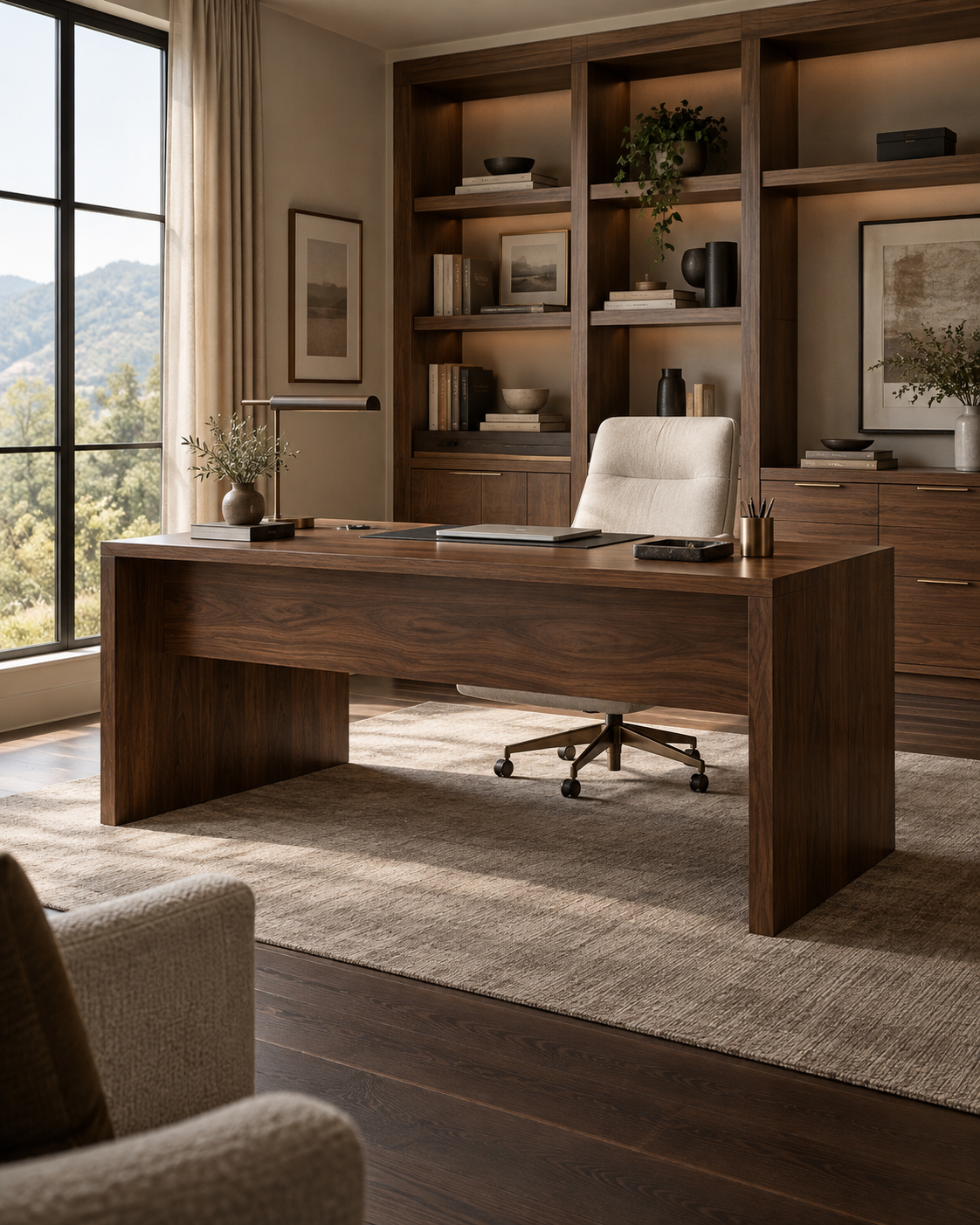 Custom home office furniture with walnut desk, upholstered chair, shelving, and storage