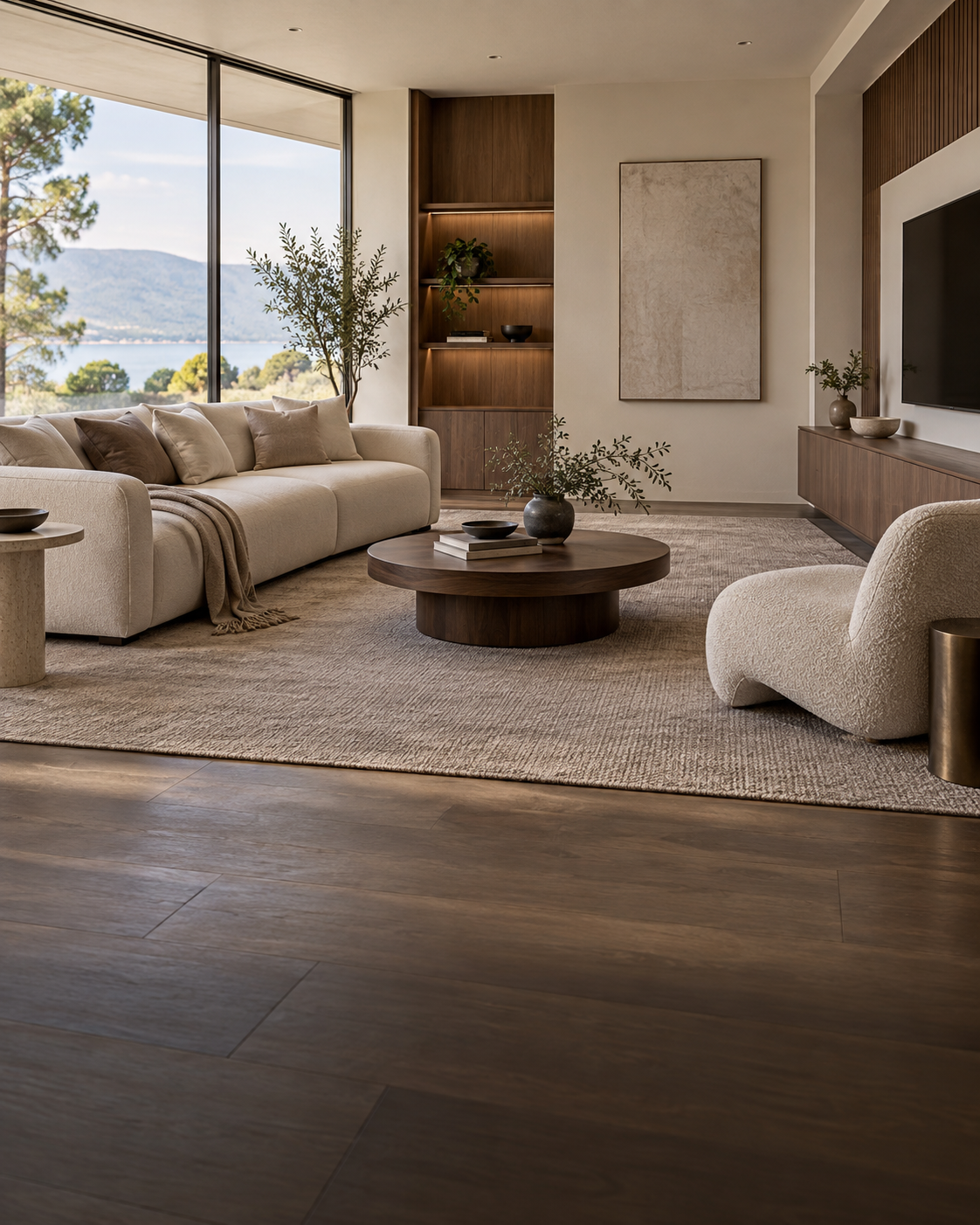 Custom living room furniture with cream sofa, lounge chair, walnut coffee table, and media unit