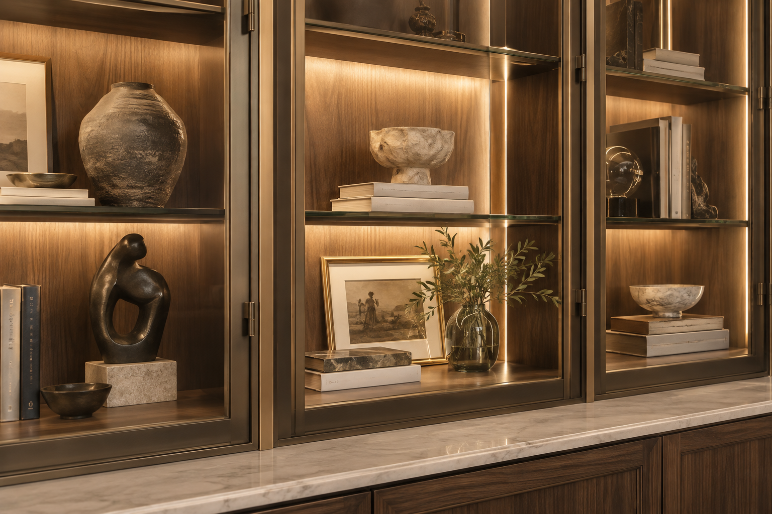 Bronze-framed glass bookcase doors with integrated display lighting