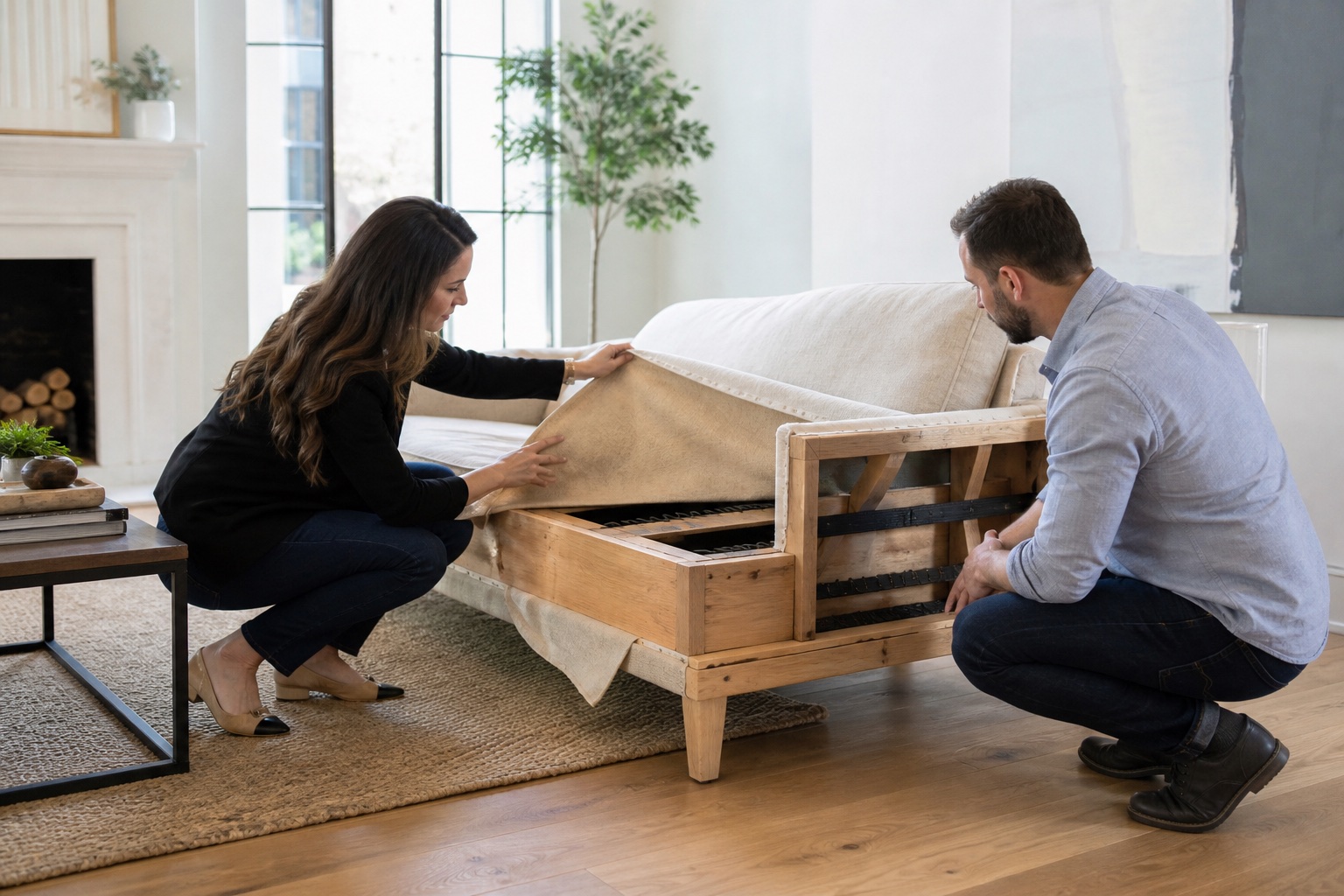 Homeowner and interior designer examining the exposed wooden frame and suspension of a partially upholstered sofa