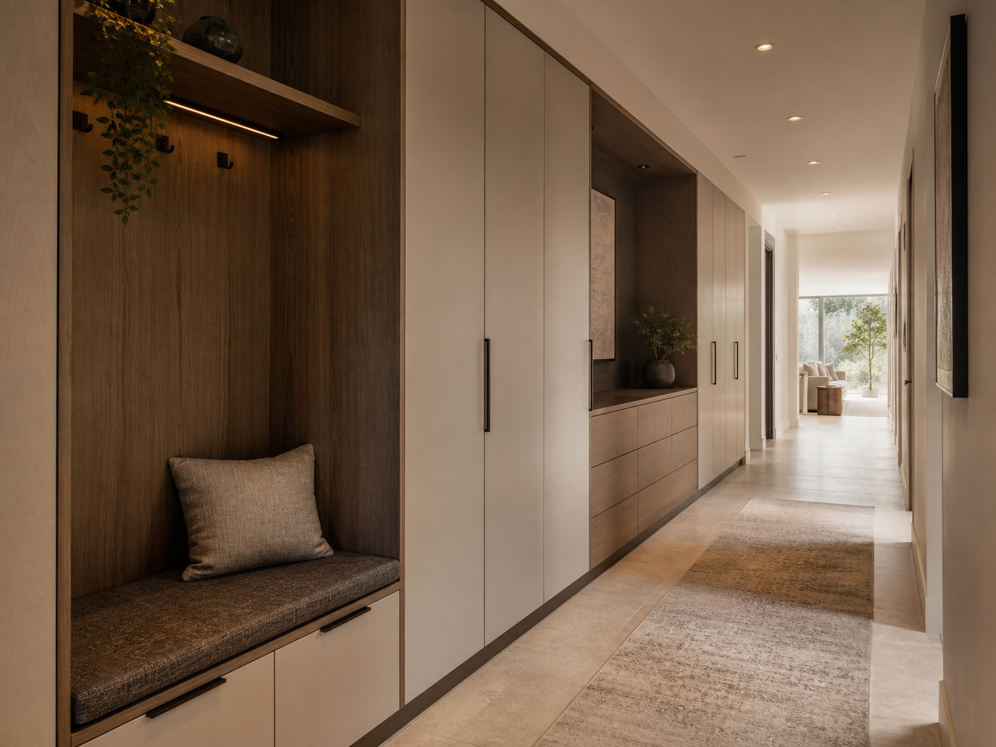 Continuous entryway and hallway storage