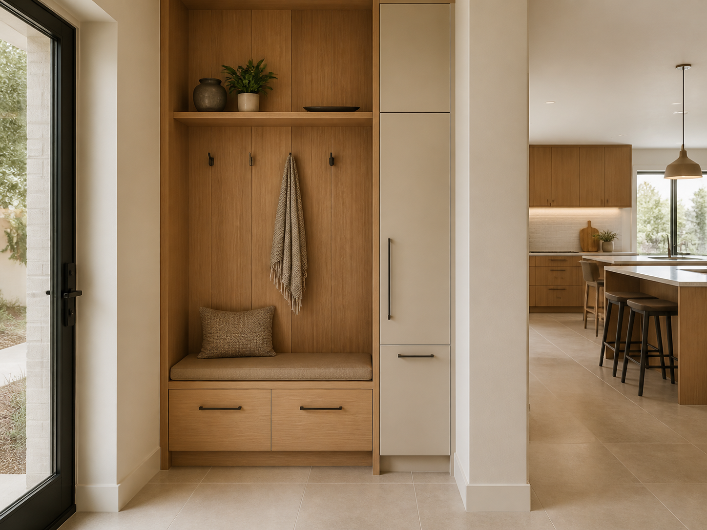 Entryway material palette coordinated with kitchen cabinets