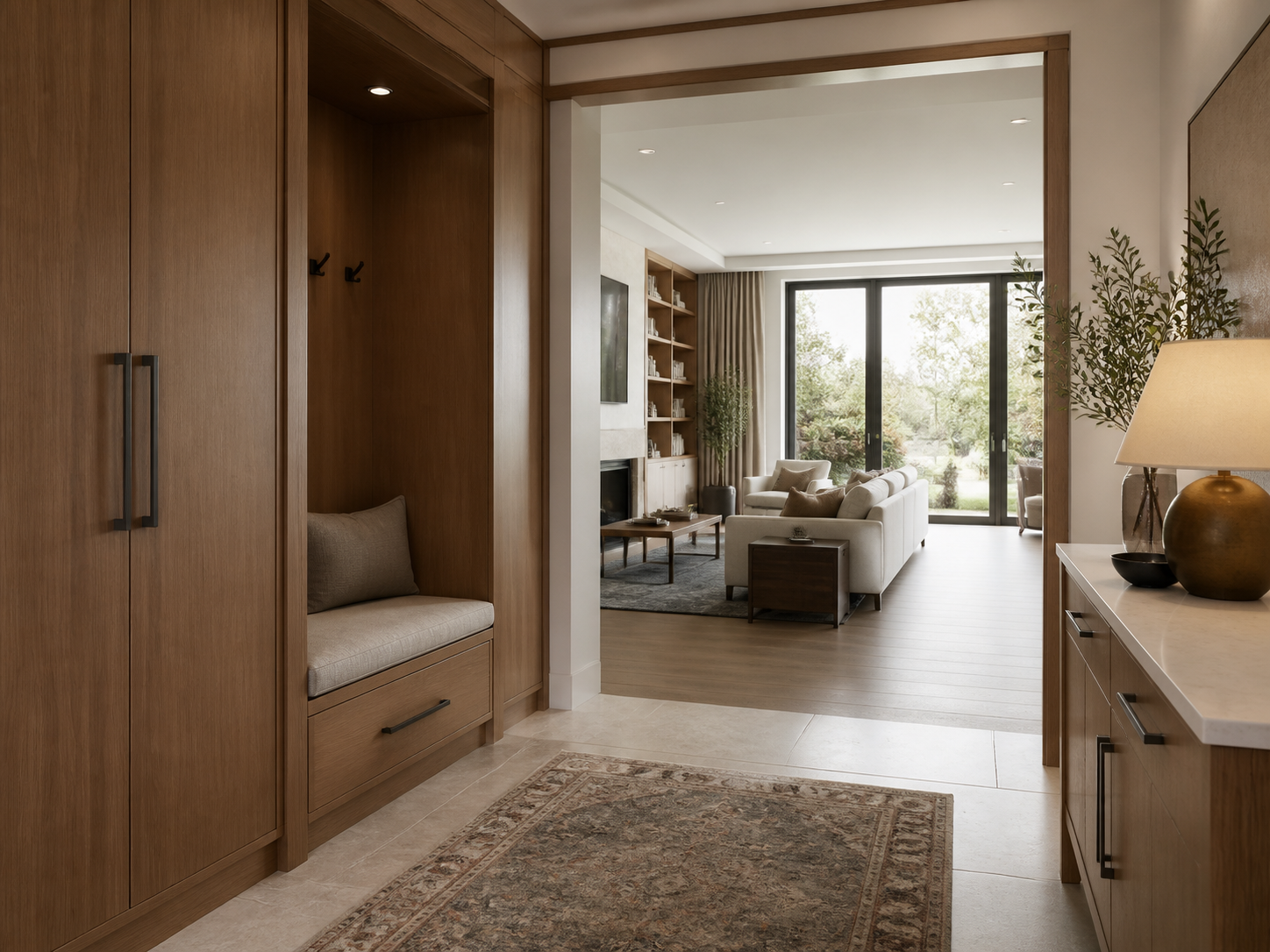 Entryway coordinated with living room finishes