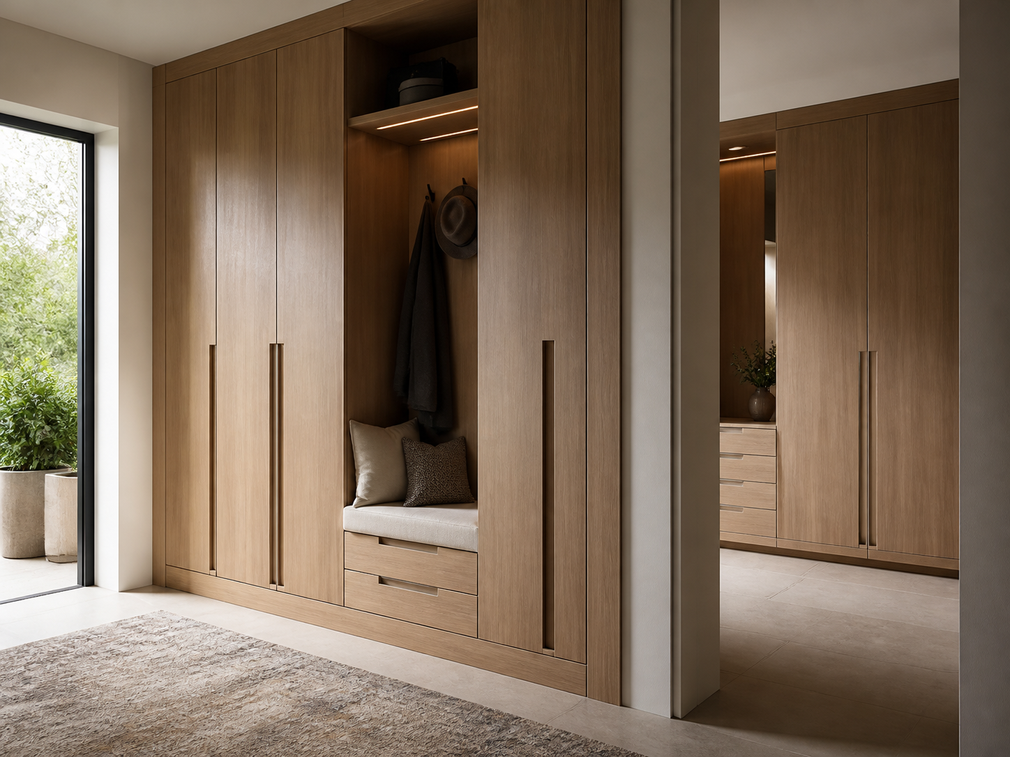 Entryway cabinet coordinated with wardrobe doors