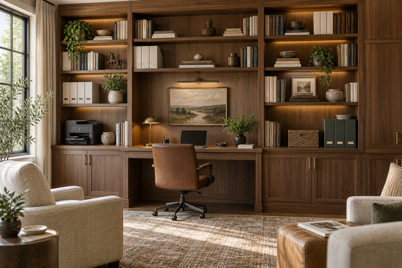 Home office bookcase wall with desk, file storage, and printer niche