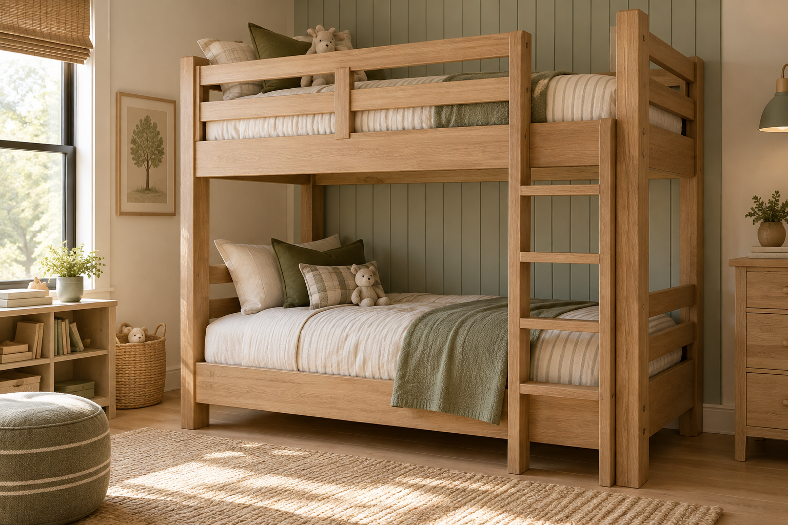 Custom wood twin-over-twin bunk bed with guardrails and ladder