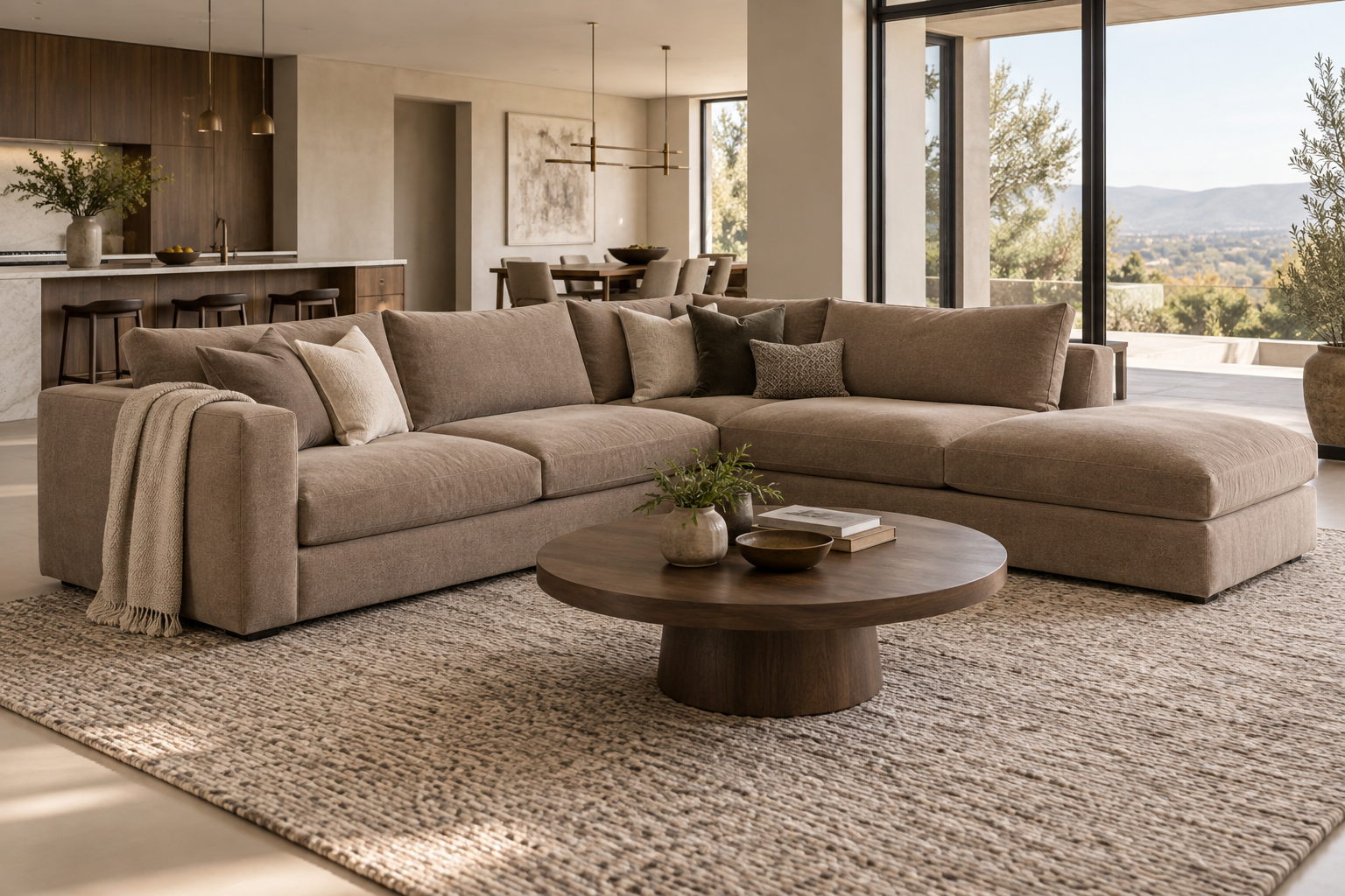Custom L-shaped sectional sofa in a warm contemporary living room