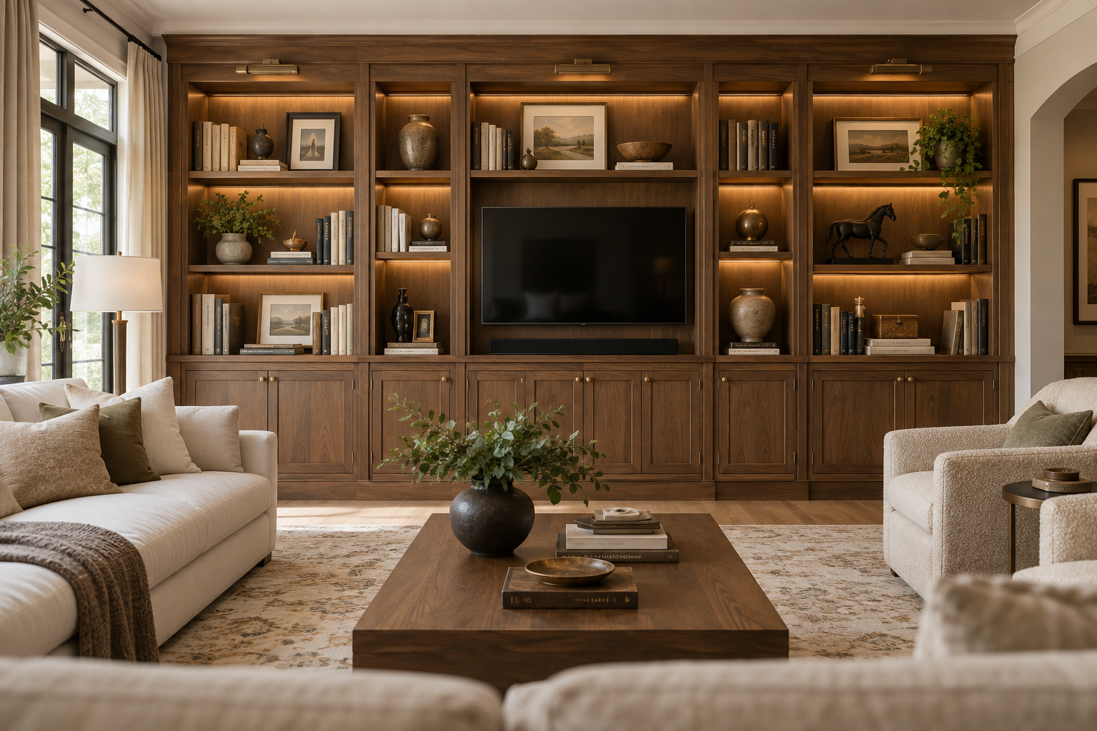 Living room display and storage bookcase with integrated media area