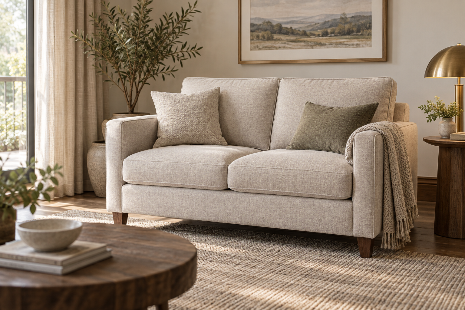 Compact two-seat upholstered loveseat