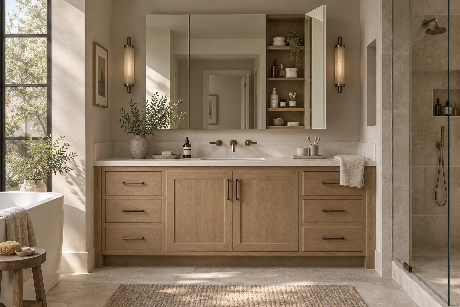 Bathroom vanity with an open mirrored storage cabinet