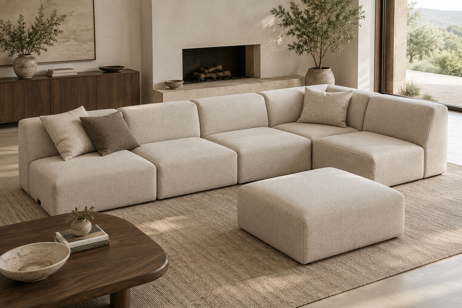 Modular sofa made from separate seating units and a matching ottoman