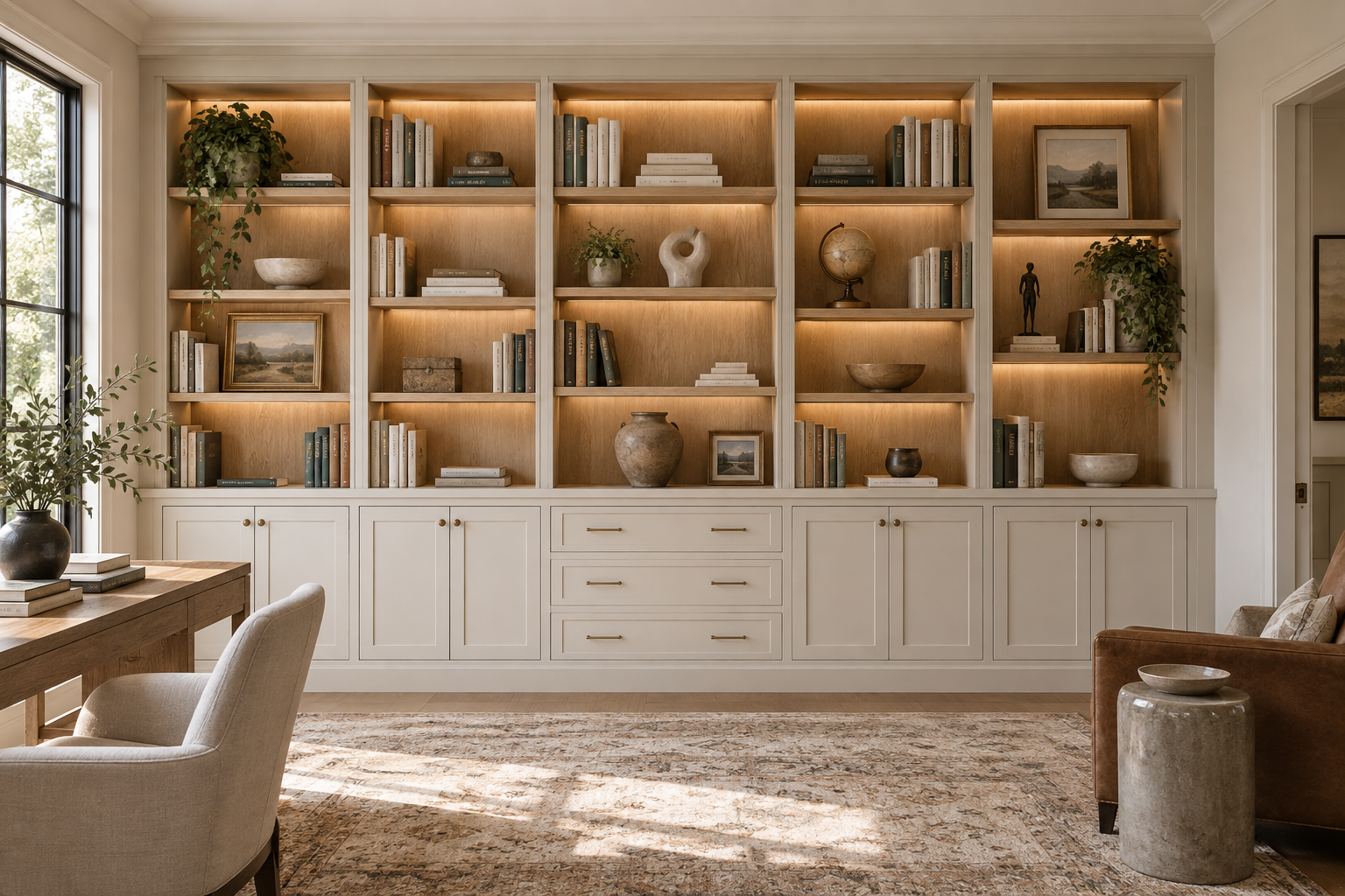 Full-wall bookcase with open shelves and closed lower storage